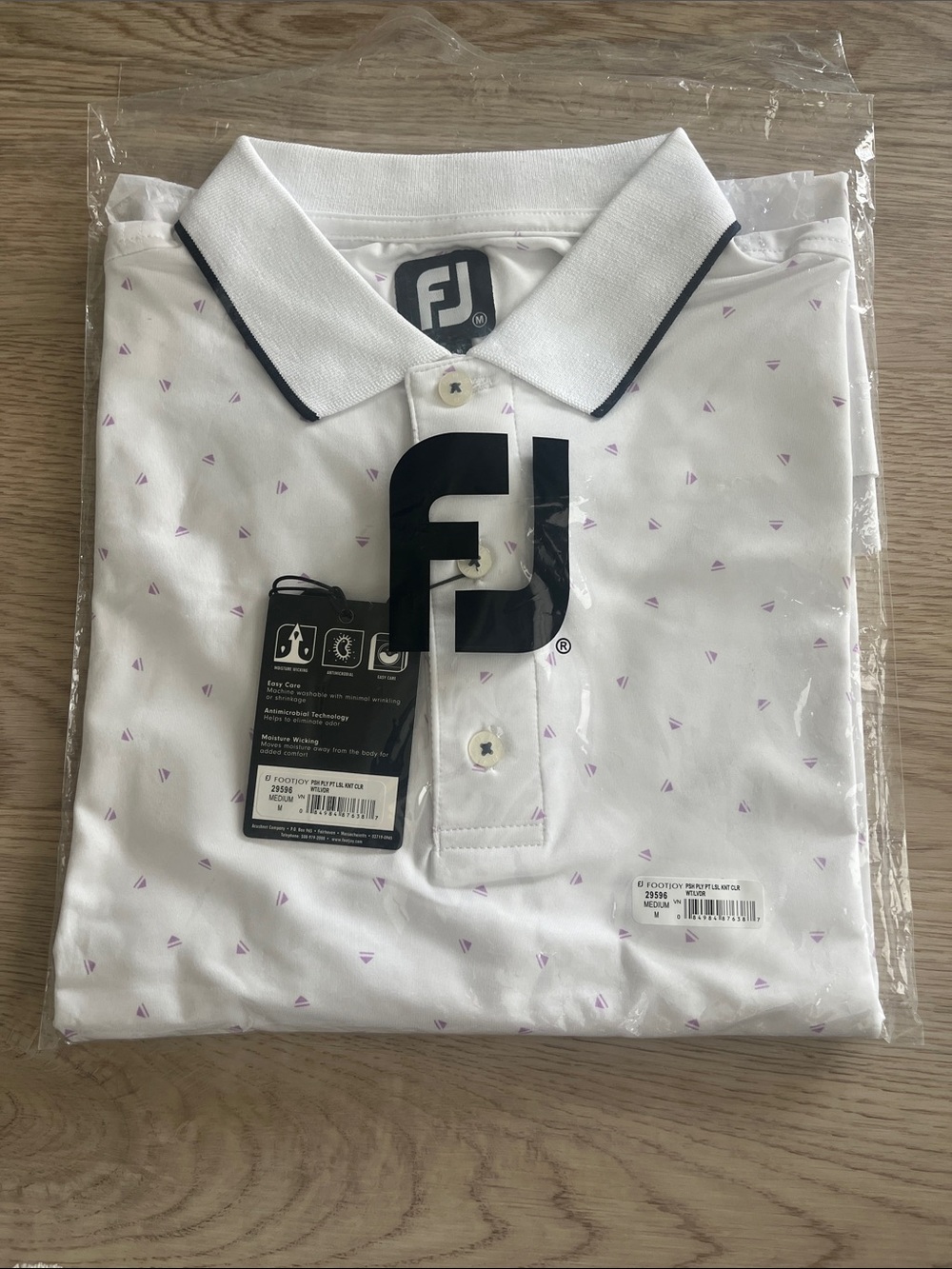 FootJoy White Polo with Lavender Micro-Triangles and Black Trim